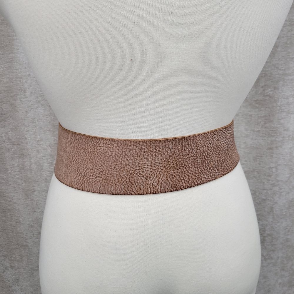 Sam Brown Wide Asymmetrical Tan Leather Belt Oversized Silver Buckle Boho - Picture 5 of 14